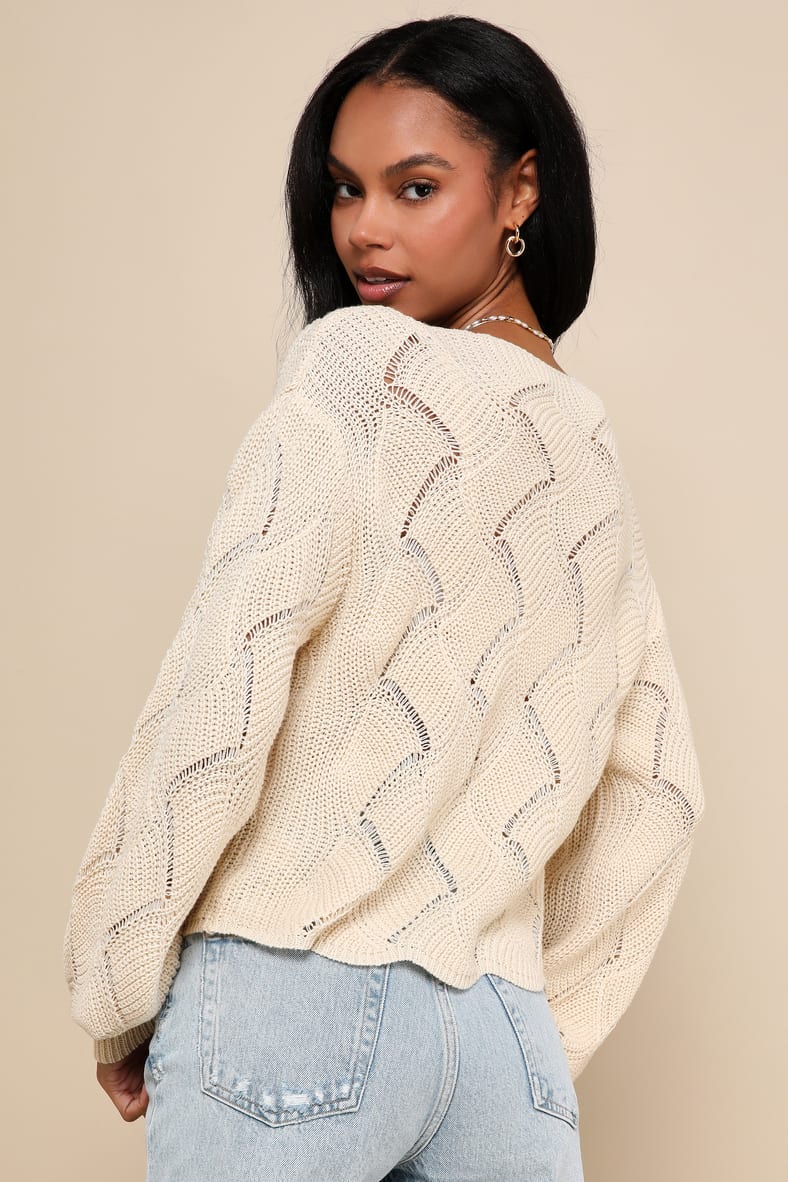 Cute Lifestyle Cream Pointelle Knit V-Neck Sweater Top