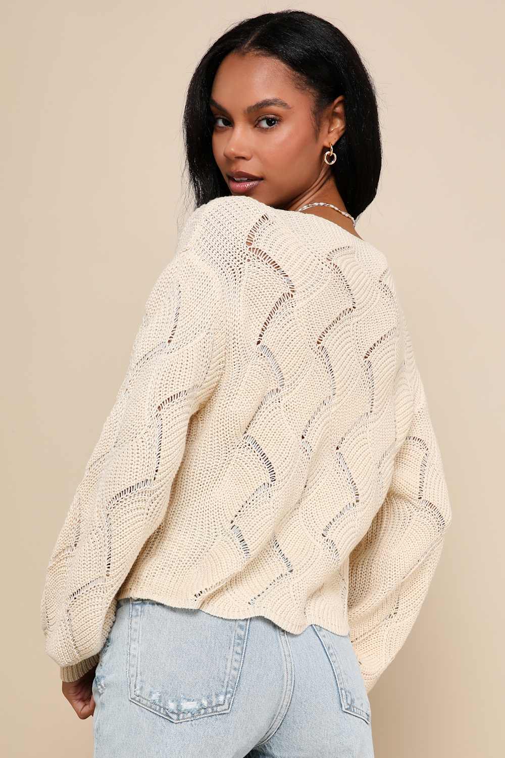 Cute Lifestyle Cream Pointelle Knit V-Neck Sweater Top