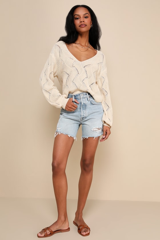 Cute Lifestyle Cream Pointelle Knit V-Neck Sweater Top 1