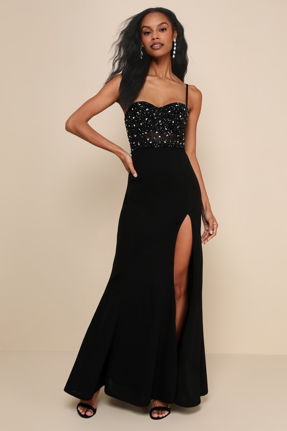 Luxe Allure Black Beaded Rhinestone Bustier Maxi Dress 1