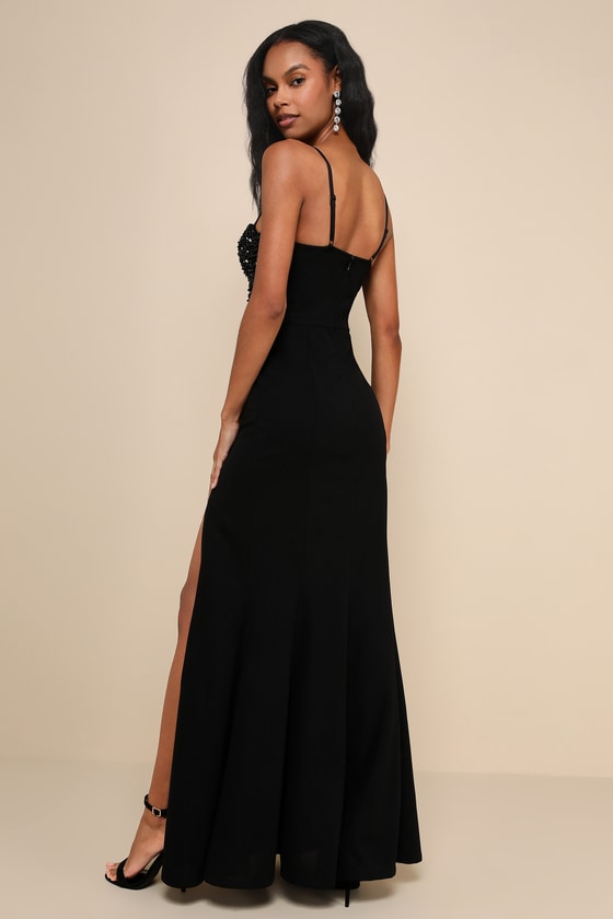 Luxe Allure Black Beaded Rhinestone Bustier Maxi Dress