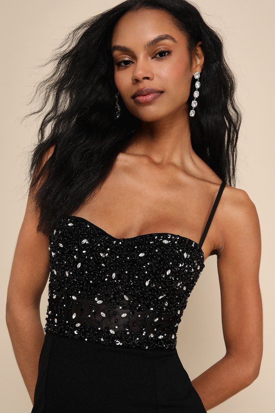Lulus Luxe Allure Black Beaded Rhinestone Bustier Maxi Dress In Black