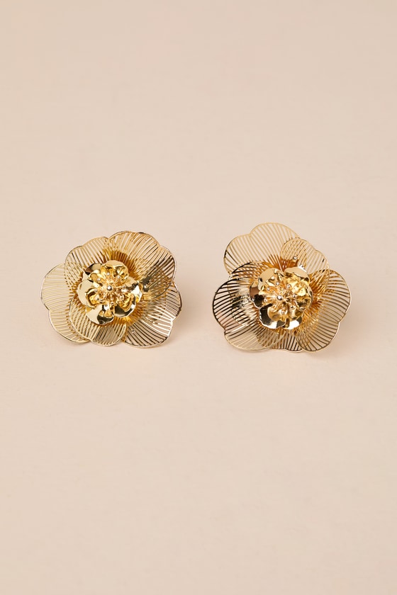 Lulus Blossoming Vision Gold Statement Flower Earrings In Gold