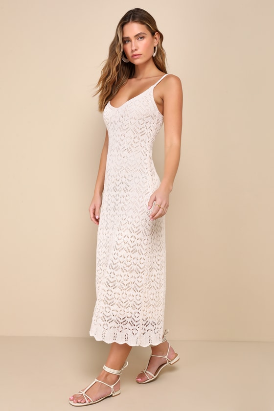 Light Beige Dress - Crochet Midi Dress - Sleeveless Crochet Dress