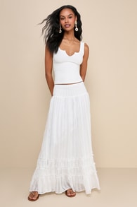 Sunny Baby White Smocked Tiered High-Waisted Midi Skirt