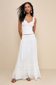 Sunny Baby White Smocked Tiered High-Waisted Midi Skirt 2