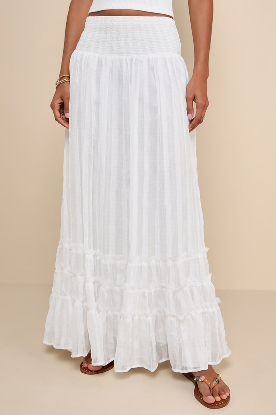 Sunny Baby White Smocked Tiered High-Waisted Midi Skirt 3