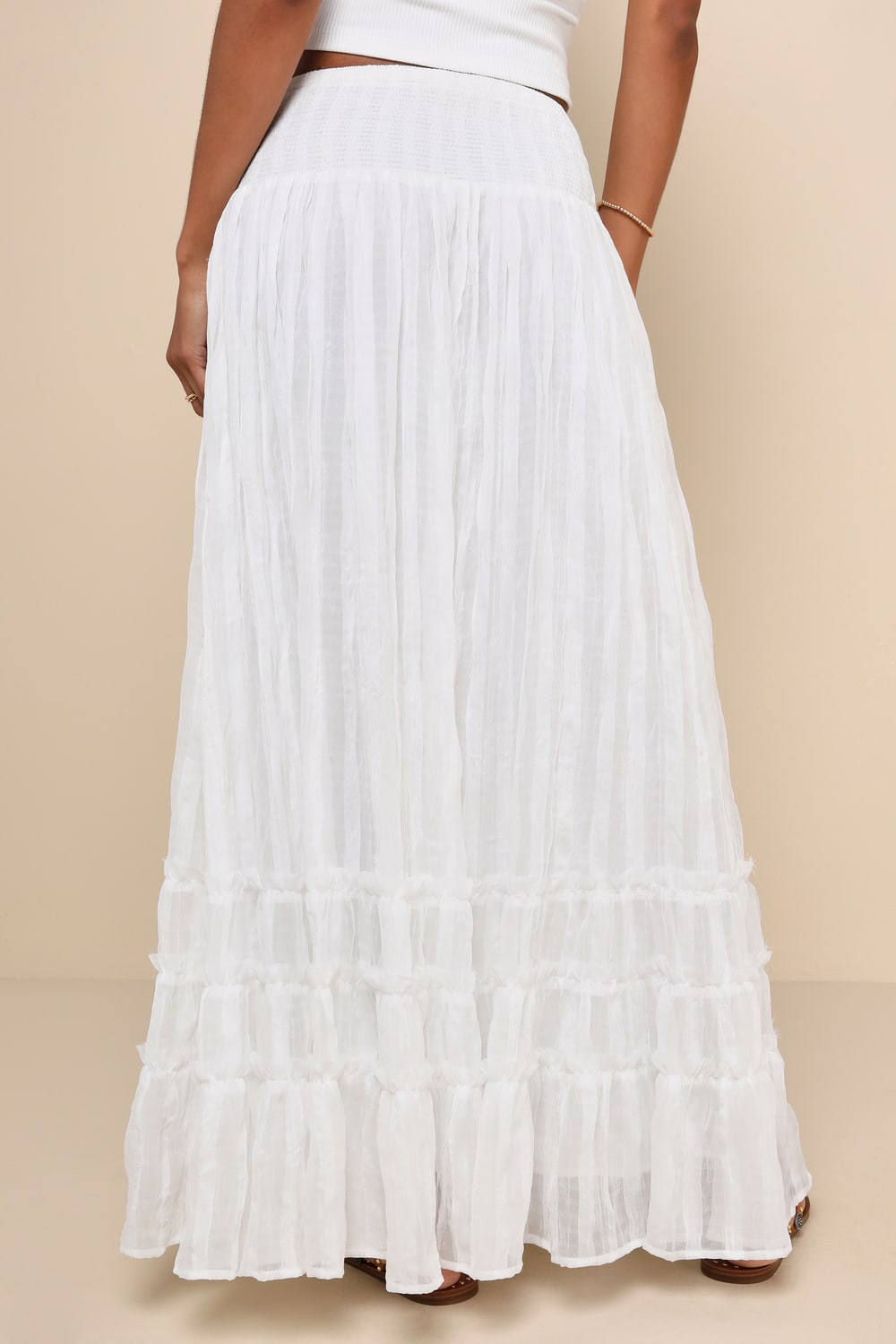 Sunny Baby White Smocked Tiered High-Waisted Midi Skirt