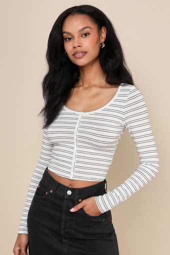 Charming Lifestyle Ivory and Black Striped Long Sleeve Crop Top
