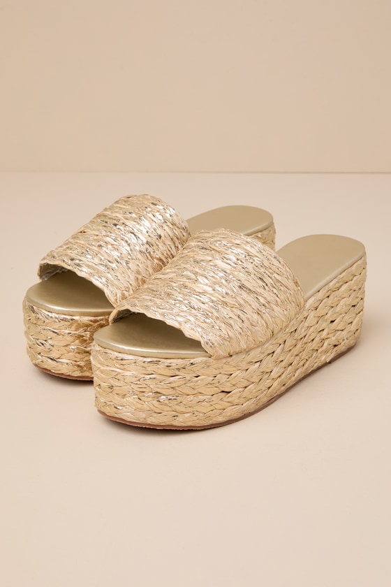 Gold Slide Sandals - Braided Raffia Sandals - Platform