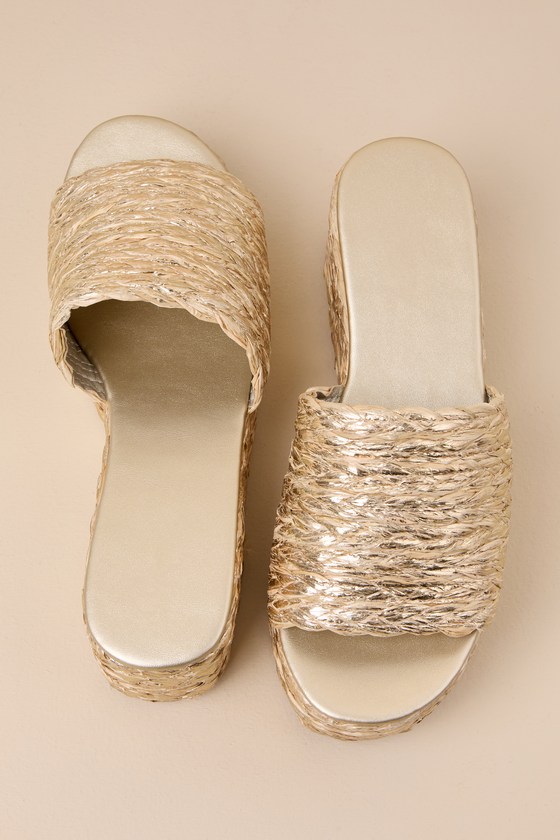 サンダル・ミュール RAFFIA BRAID SLIDES Gold Slide Sandals - Braided Raffia Sandals - Platform