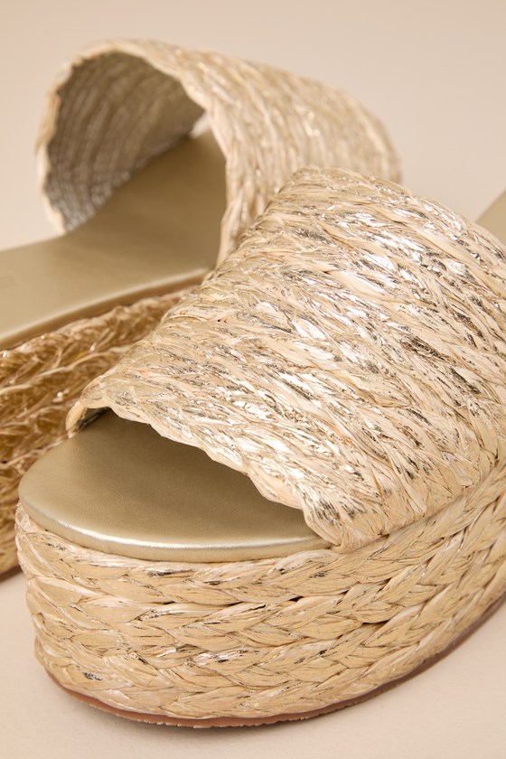 Lulus Jaelle Gold Braided Raffia Platform Slide Sandals In Gold
