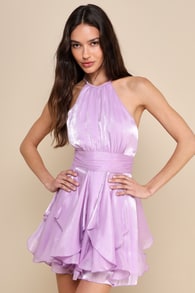 Abundant Radiance Shiny Lavender Organza Ruffled Mini Dress