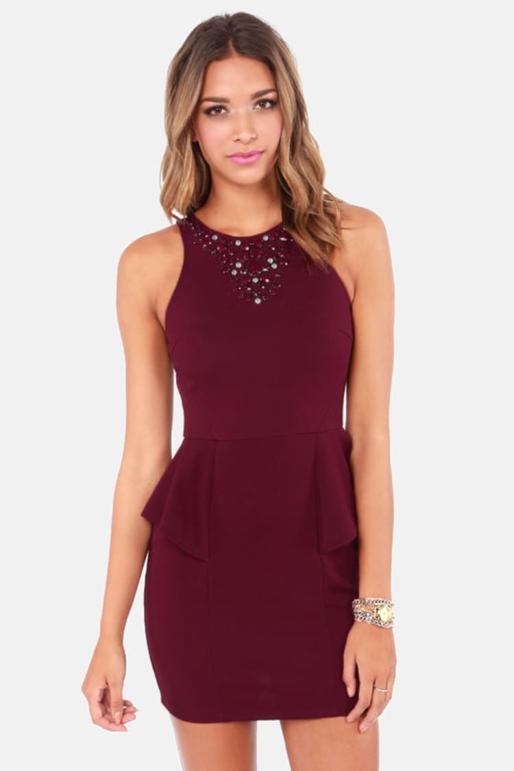 Sexy Burgundy Dress - Peplum Dress - Beaded Dress - $42.00 - Lulus