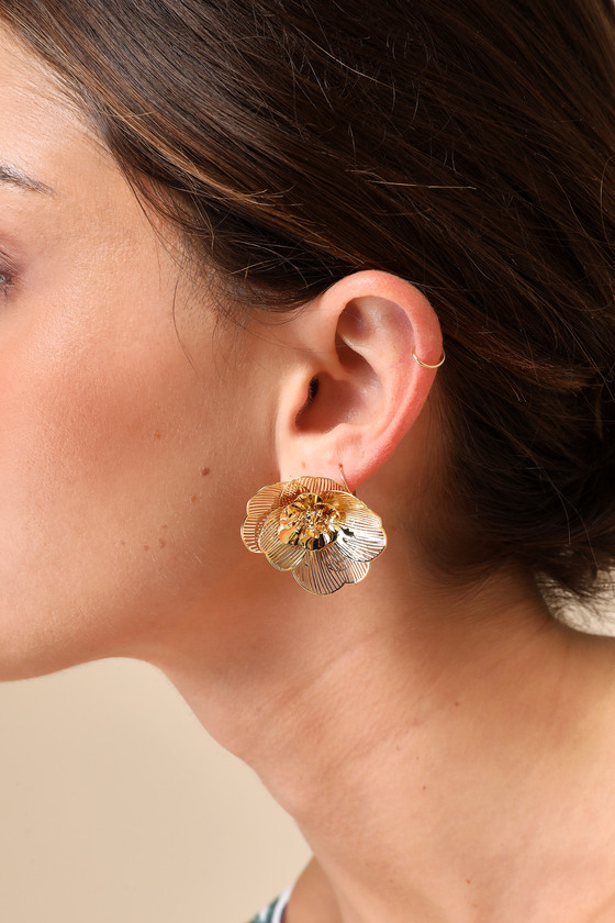 Lulus Blossoming Vision Gold Statement Flower Earrings In Gold