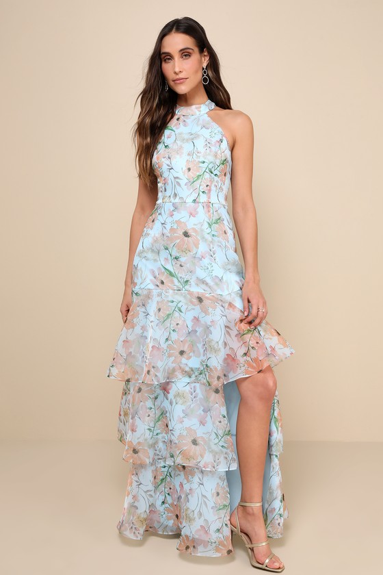 Lulus Forever Exceptional Light Blue Floral Halter Organza Maxi Dress