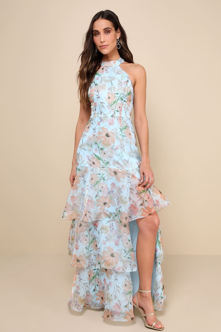 blue dress for baby girl Baby Blue Floral Print Halter Midi Dress main image 0