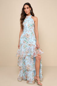 Forever Exceptional Light Blue Floral Halter Organza Maxi Dress 2