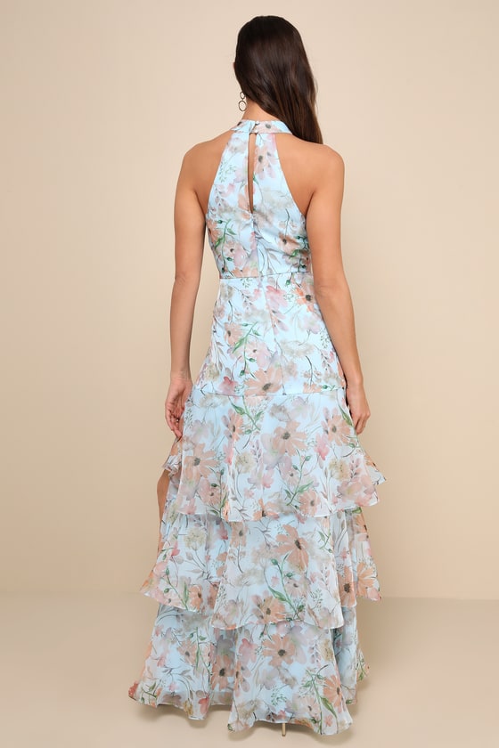 Lulus Forever Exceptional Light Blue Floral Halter Organza Maxi Dress In Light Blue
