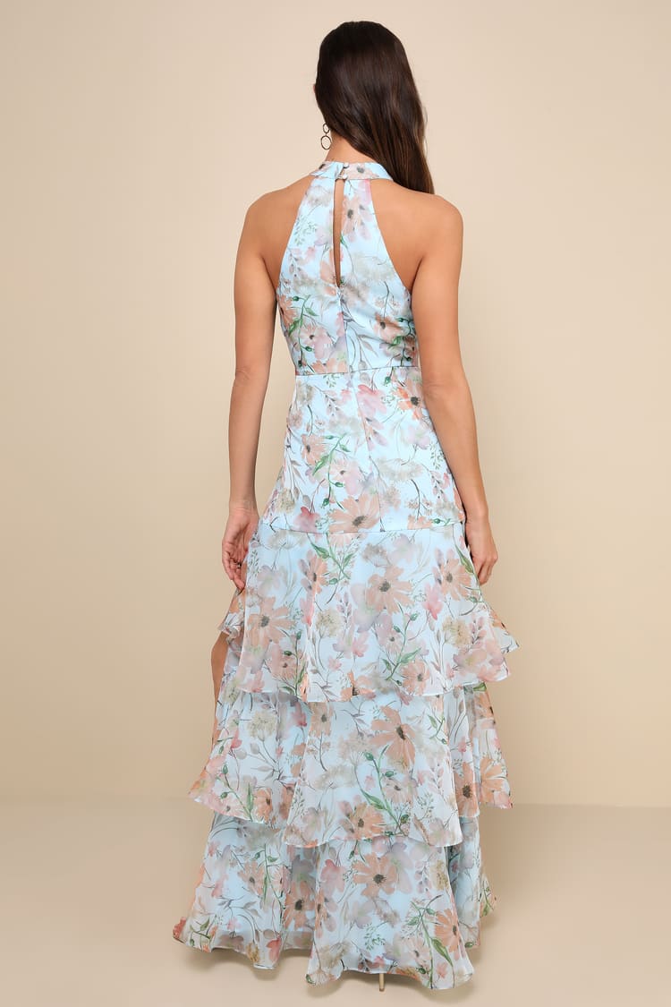 Forever Exceptional Light Blue Floral Halter Organza Maxi Dress