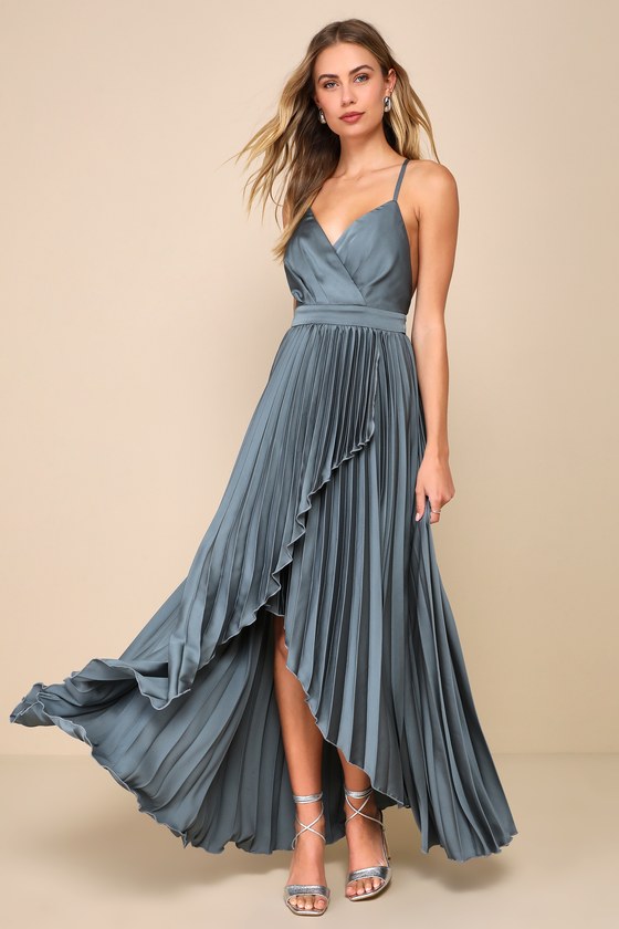 Lulus Ultimate Charm Dark Sage Grey Satin Pleated High-low Maxi Dress