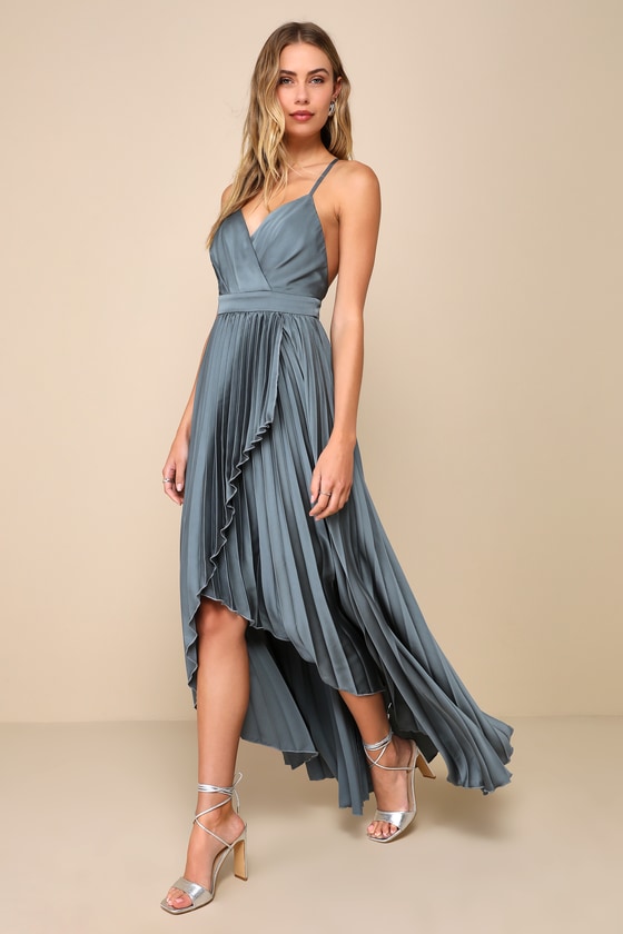 Lulus Ultimate Charm Dark Sage Grey Satin Pleated High-low Maxi Dress In Grey