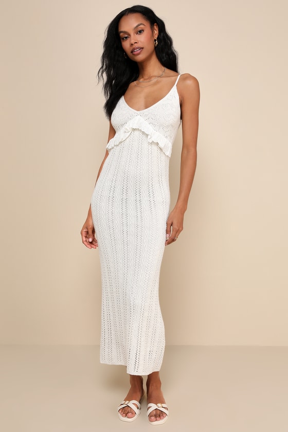 Lovely Mindset Ivory Crochet Knit Ruffled Sleeveless Midi Dress 1