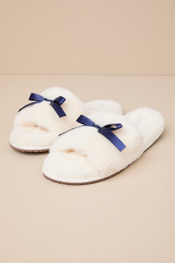 Shop Casa Clara Remi White Navy Satin Bow Faux Fur Slide Slippers