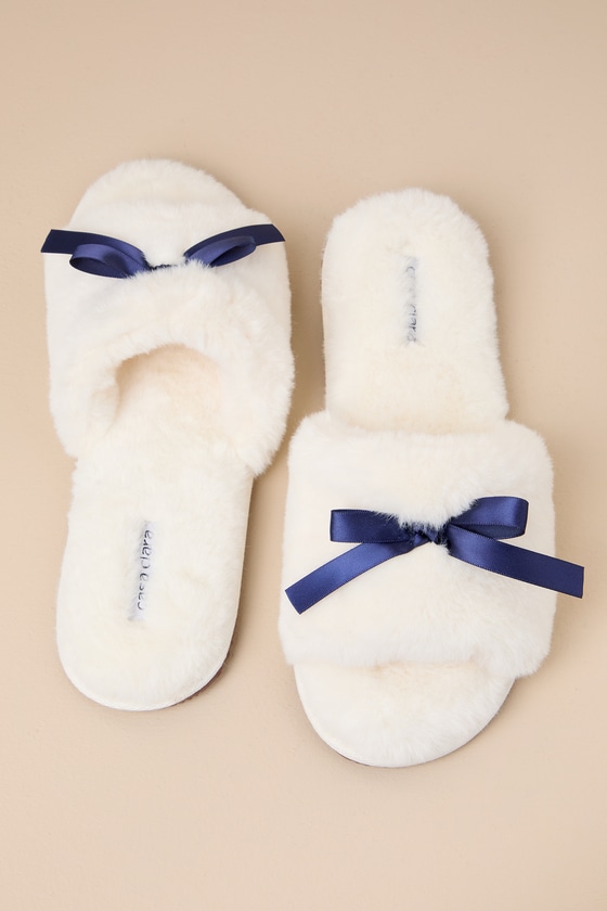 Shop Casa Clara Remi White Navy Satin Bow Faux Fur Slide Slippers
