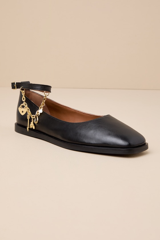 Mystic Treasures Black Leather Charm Ankle Strap Ballet Flats 1
