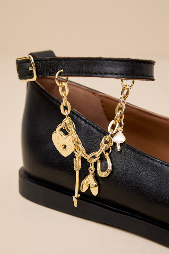 Mystic Treasures Black Leather Charm Ankle Strap Ballet Flats 2
