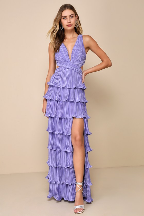 Lulus Beauty Icon Lavender Satin Pleated Tiered Lace-up Maxi Dress In Purple