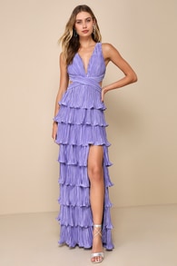 Beauty Icon Lavender Satin Pleated Tiered Lace-Up Maxi Dress