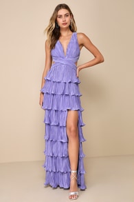 Beauty Icon Lavender Satin Pleated Tiered Lace-Up Maxi Dress 1