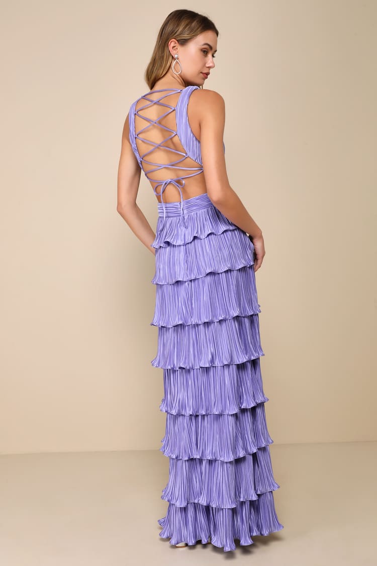 Beauty Icon Lavender Satin Pleated Tiered Lace-Up Maxi Dress