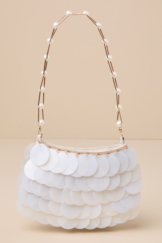 Lulus Glam Era Ivory Paillette Sequin Pearl Strap Shoulder Bag