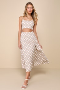Sunny Day Sweetie Beige Polka Dot Tie-Front Cutout Maxi Dress
