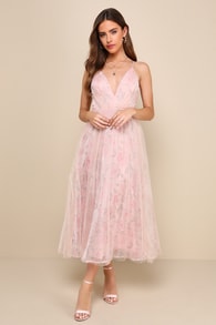 Blissfully Lovely Blush Pink Floral Mesh Pleated Midi Dress