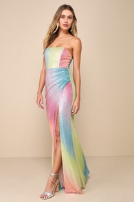 Ethereal Brilliance Rainbow Sequin Strapless Maxi Dress