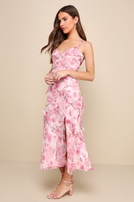 Lulus Dreamy Personality Pink Floral Ruffled Sleeveless Midi Dress