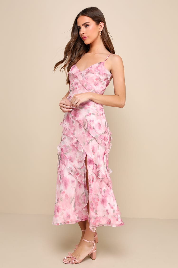 knee length dresses for ladies Square Neck Ruffle Midi Dress with Slit in Fuchsia – Modsele