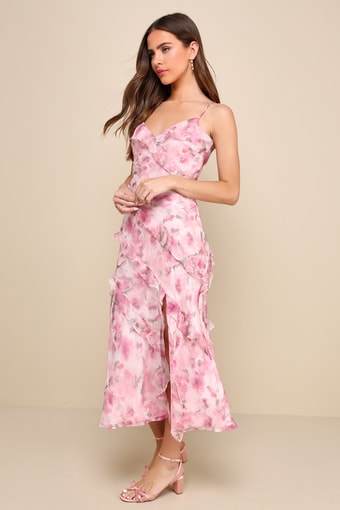 Dreamy Personality Pink Floral Ruffled Sleeveless Midi Dress