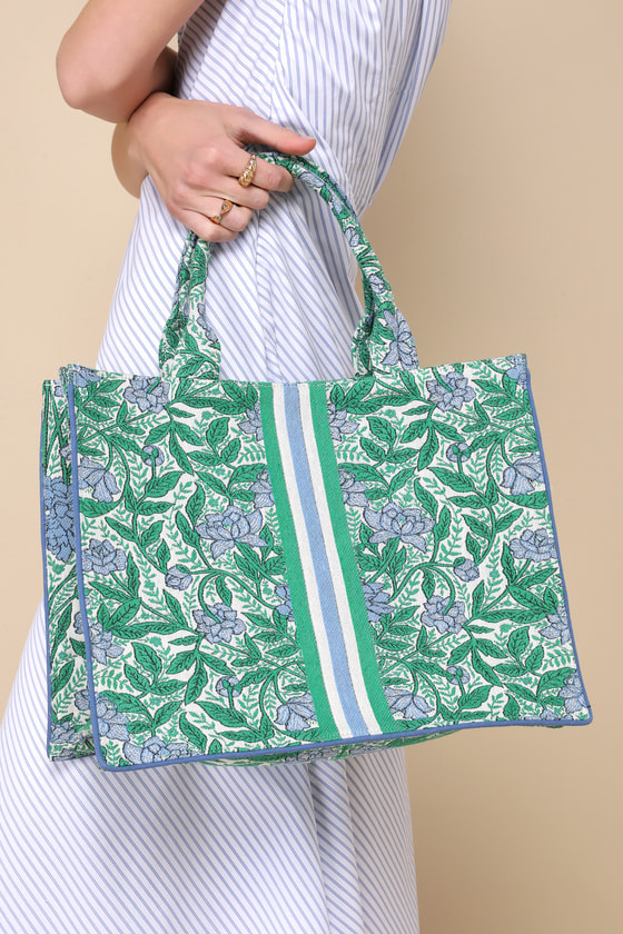 Shop Lulus Melanie Green Floral Jacquard Tapestry Tote Bag