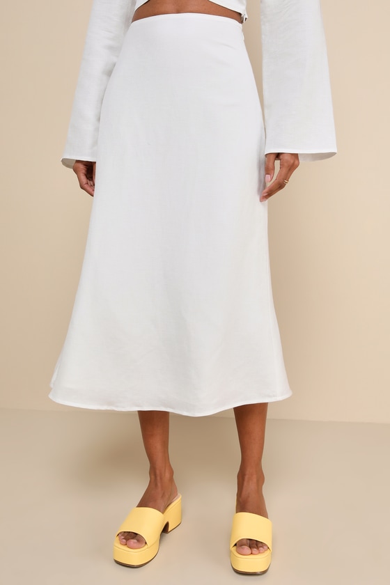 Effortless Vacay White Linen High-Waisted Midi Skirt 3