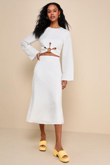 Effortless Vacay White Linen High-Waisted Midi Skirt