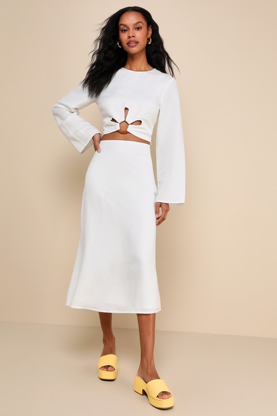 Effortless Vacay White Linen High-Waisted Midi Skirt 4
