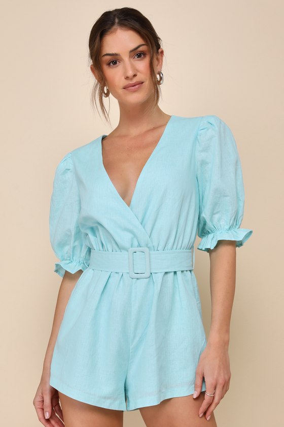 Light Blue Romper - Linen Puff Sleeve Romper - Belted Romper - Lulus