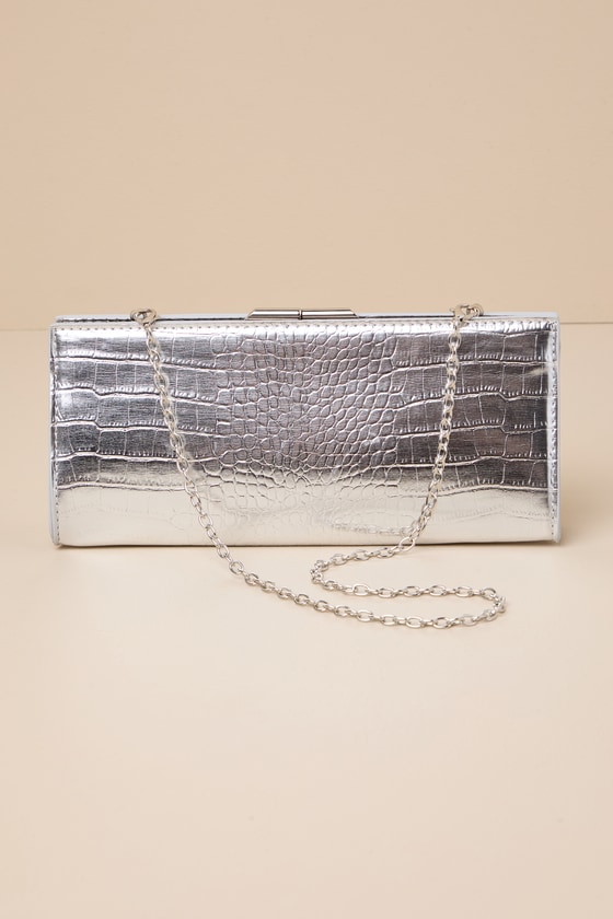 Silver Croc-Embossed Clutch - Rectangular Clutch - Metallic Bag - Lulus