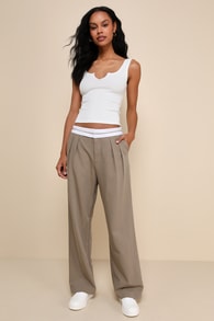 Refined Mood Taupe and White Straight Leg Trouser Pants