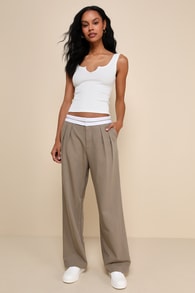 Refined Mood Taupe and White Straight Leg Trouser Pants 5